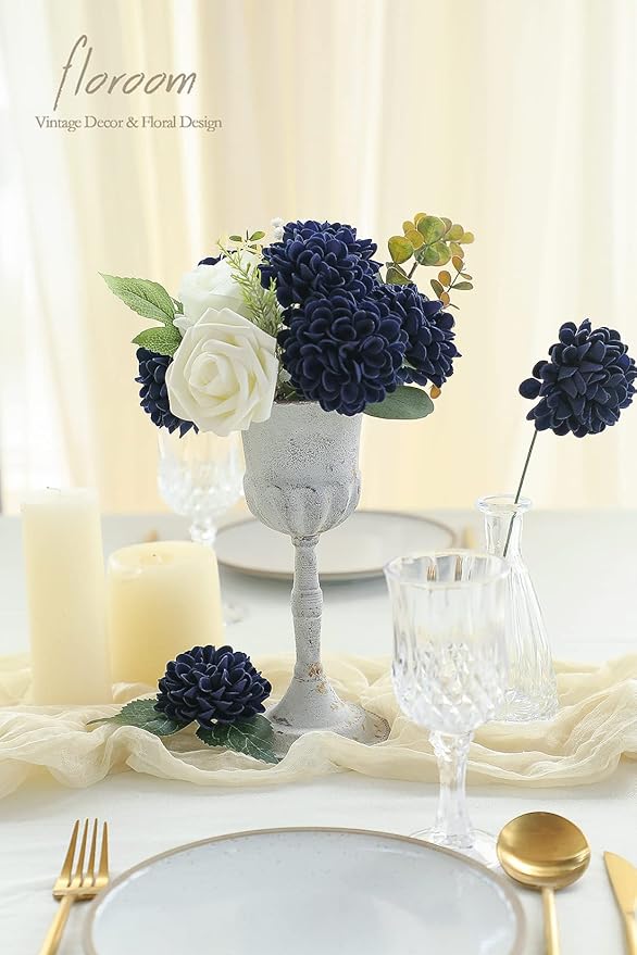 Floroom Artificial Dahlia Flowers 25pcs Real Looking Navy Blue Foam Fake Roses with Stems for DIY Wedding Bouquets Bridal Shower Centerpieces Floral Arrangements Party Tables Home Decoration