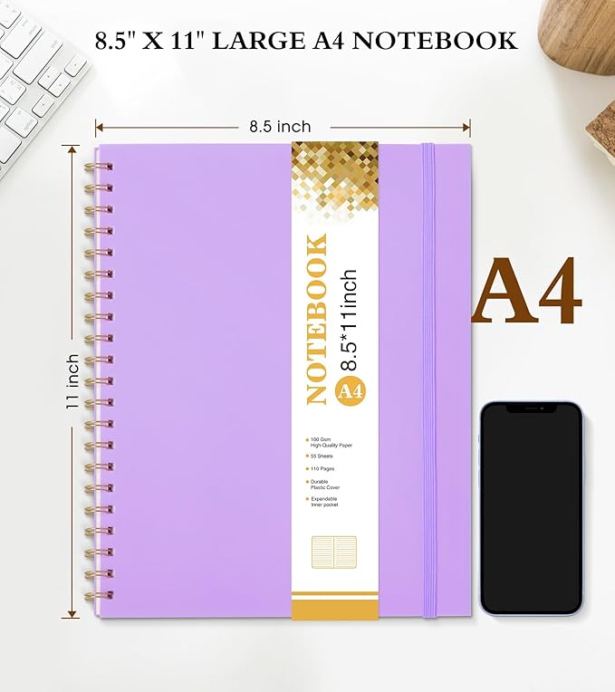 Spiral Notebook Journal 8.5” x 11”, A4 Large Notebooks for Women Men, College Ruled Lined Journal, 100 GSM Paper, Hardcover Spiral Bound Journals for Work School Writing Note Taking Business, Purple