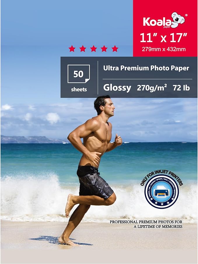 Koala Ultra Premium Photo Paper 11x17 In Glossy Photo Printer Paper for Inkjet Printer Water Resistant 50 Sheets 72lb