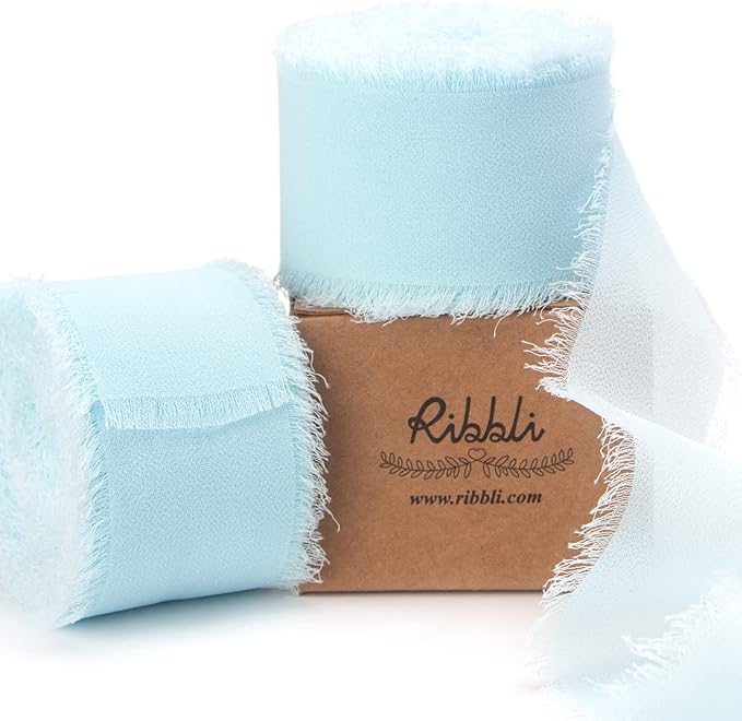 Ribbli Ice Blue Chiffon Silk Ribbon, 1-1/2 inch x 20 Yard, Handmade Fringe, Wedding Invitations, Bridal Bouquets, Home Decor