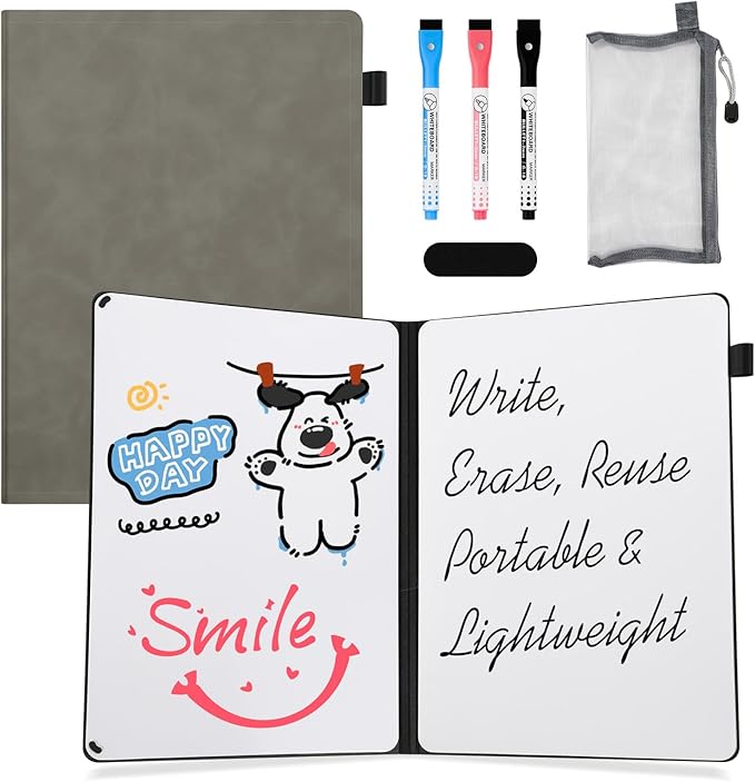 AGM Portable White Board Dry Erase Notebook, 12" x 9" Double Sided Folding Whiteboards with 3 Pens, Small Travel Dry Erase Board Skin-Friendly Material for Study, Meeting, Planning, Grey