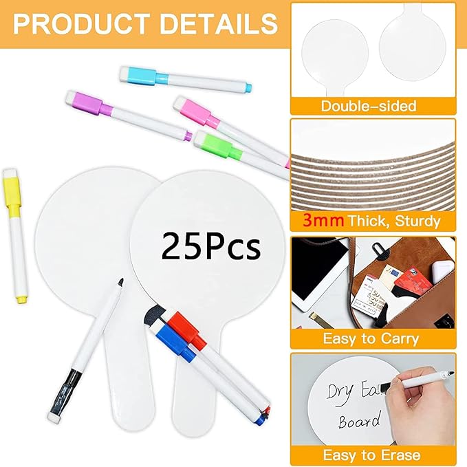 33Pcs Dry Erase Answer Paddles with Markers Thickened Handheld Double Sided Paddles Mini White Boards Small Dry Erase Signs Auction Paddles for Students Classroom Bidding Voting Games