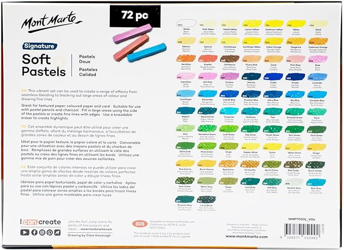 Mont Marte Soft Pastels Signature 72pc, Set of 72 Assorted Colored Pastel Sticks, Vibrant and Blendable, Ideal for Art, Craft, Drawing, Sketching