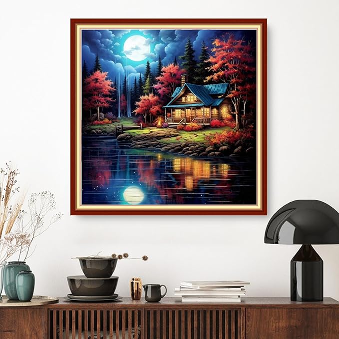 Dimxvean Stamped Cross Stitch Kits,Cross Stitch Kits for Adults Beginners,Embroidery Kits Full Range of Cross Stitch Stamped Kits Needlepoint Kits Cross Stitch Patterns-The Lake House 18x18 inch