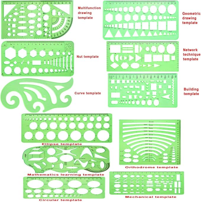 11 Pieces Geometric Drawings Templates Stencils Plastic Measuring Template Rulers Clear Green Shape Template for Drawing Engineering Drafting Building School Office Supplies