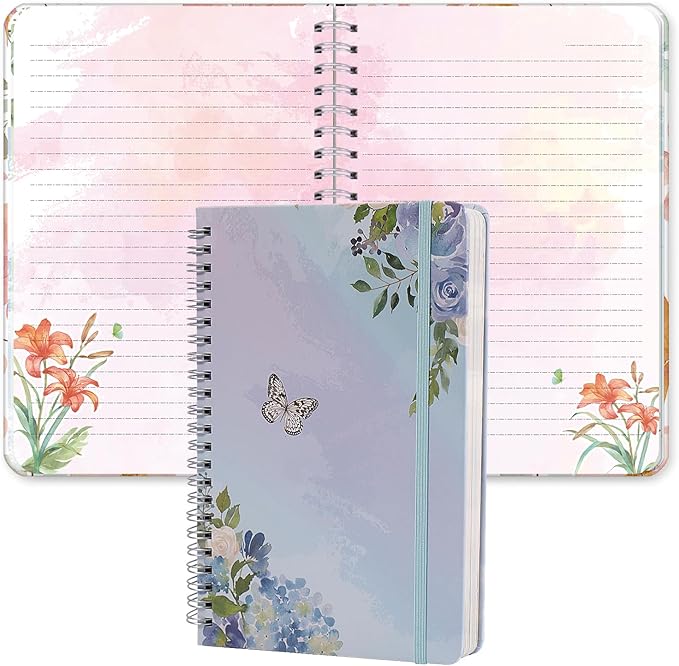 SIIXU Floral Spiral Notebook - A5 College Ruled Journal with 160 Colorful Pages for Poetry, Work Notes & Daily Writing, Blue, Hardcover