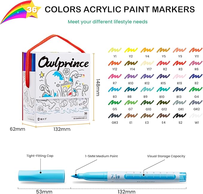 Mooking Acrylic Paint Markers Brush Tip, 36 Colors Acrylic Markers with Automatic Ink Control - 7.1G Large Capacity Quick Drying Waterproof Paint Pens for Rock, Egg, Wood, Fabric, Glass, DIY Crafts