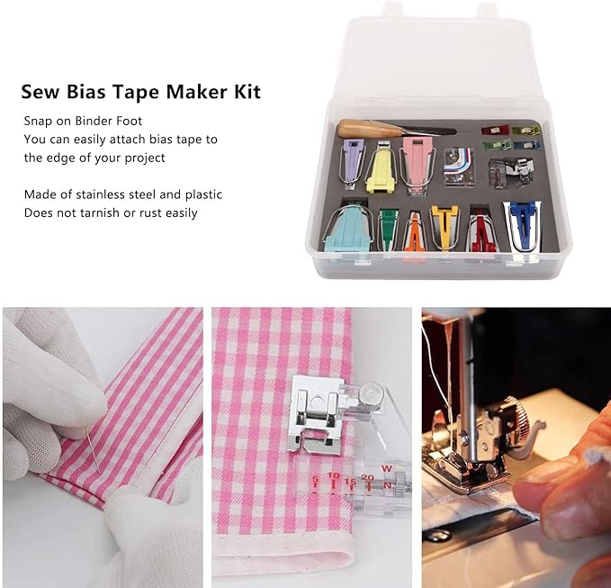 Asixxsix Bias Tape Maker Kit, 9 Sizes Bias Tape Maker with 4Pcs Sewing Clips, Awl, Snap on Binding Foot, Ball Point Pins, Bias Tape Maker Machine for Fabric Sewing and Quilting