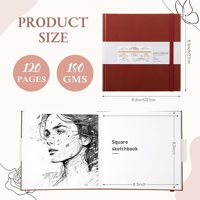 Moinchore Back to School Gifts Square Sketchbook 8 x 8 Inch Hardcover Art Sketch Book Drawing Papers 120 Pages, Mixed Media Journal Notebook with Elastic Closure Sketchbook for Drawing(Dark Red)