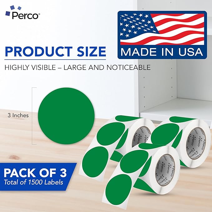 Perco Green 3-Inch Round Circle Dot Sticker Labels - Multi-Roll Pack (3 Rolls, 500 Labels Each) - Permanent Adhesive, Vibrant Colors, Strong Hold - Perforated for Easy Use - Made in USA