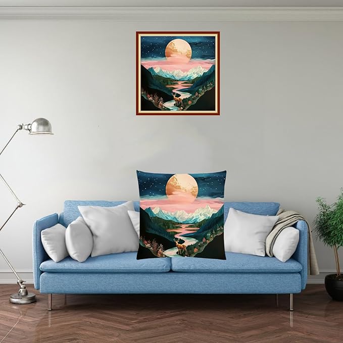 Stamped Cross Stitch Kits for Adults Beginners Pillow Needlepoint Kit with Embroidery Pattern Needlework Kit Prestamped Stitches Kit 11CT Cross Stitching-Mountains, moonlight18x18inch