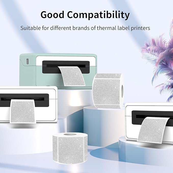 2" x 2" Square Thermal Labels Stickers, Holographic Glitter Thermal Stickers Labels, Waterproof Direct Thermals Label for Small Business, DIY Design- Silver