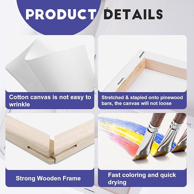 ESRICH Small Stretched Canvas for Painting 6x6 inch, 2/5''Profile Art Primed 16 Pack Canvases for Painting, Cotton Small Professional Blank Paint Canvas for Kids and Art Supplies, for Acrylics, Oils.