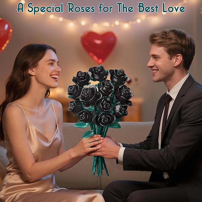 Black Roses Bouquet Building Set, 634Pcs Artificial Rose with 3 Blooming Stages, DIY Floral Home Office Decor for Adults & Kids Ages 6+, Gift for Birthday Valentine's Day Halloween Christmas