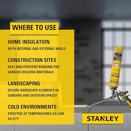 Stanley Quick Bond Adhesive Foam - 2x24oz, Reliable Bond Adhesive for Various Materials, Strong bonding, No Mixing, Gun Use, Including Gun, Cleaner | 2 Pack