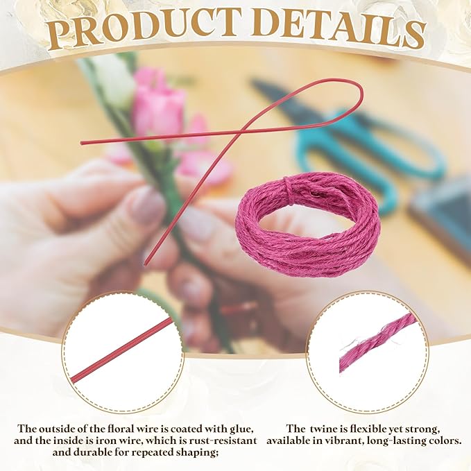 uxcell 50Pcs 2 Gauge Floral Wire, 15.75" Length Flower Stem Wires with 0.08" x 32.8ft Twine for Wreath Making, Flower Arrangement, Red