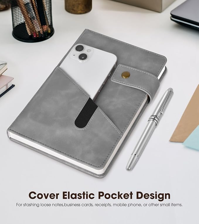 Grey A5 Lined Leather Journal Notebook for Men Women,5.9" X 8.4" Personalized Hardcover Journal with Pen,200 Pages 100 Gsm Thick Ruled Paper Daily Diary for Travel,Business,Work,Writing