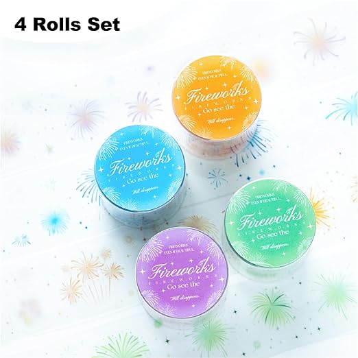 Fireworks PET Tape Set, 4 Rolls Pre-Cut Ephemera for Junk Journaling, Scrapbooking, Crafting, DIY Projects, Diaries, and Art Supplies