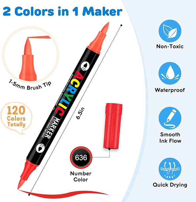 120 Colors Acrylic Paint Markers, Dual-Color Acrylic Paint Pens with 60 Brush Tips for Fabric Rock Wood Glass Paper DIY for Painting, Quick Drying, School Art Supplies for Adults Kids Drawing
