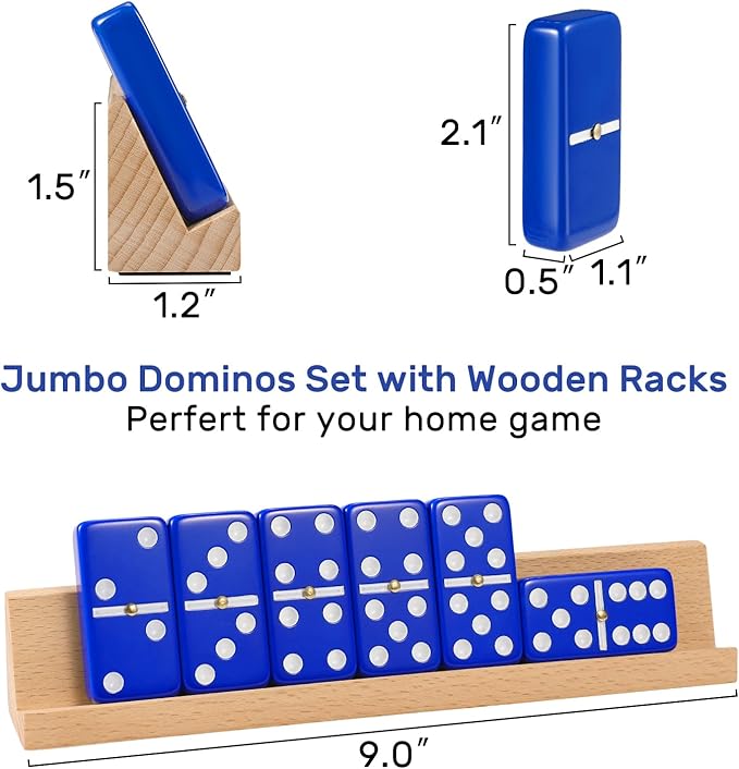 Dominoes Set for Adults with 4 Wooden Racks/Trays, Double Six Travel Portable Case 6 Tiles Holders, 28 Dominos Family Board Games - Blue