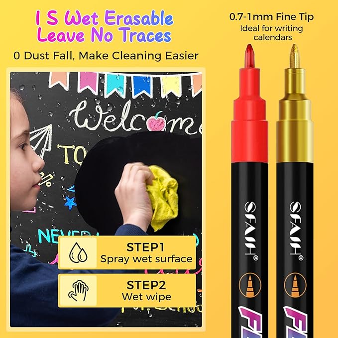 SFAIH 8 Vibrant Liquid Chalk Markers Erasable - 0.7-1mm Fine Tip Chalkboard Pens for Blackboards, Calendar, Acrylic Board, Glass, Signs, Mirror, Dust Free, Non-Toxic, With Highlighter Color Markers