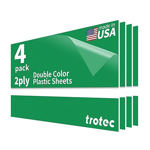 Trotec TroLase | 12"x24"x1/16", 4 Pcs | Bright Green/White | 2 Ply | Modified Acrylic | Laser Engraving Double Color Plastic Sheet | Engraving Blanks for Laser, Saw, Guillotine | Made in USA