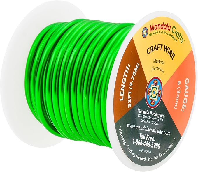 Mandala Crafts 8 Gauge Anodized Aluminum Craft Wire for Jewelry Making - 32 FT Colored Flexible Kelly Green Wire - Bendable for Bonsai Armature Crafting Sculpting