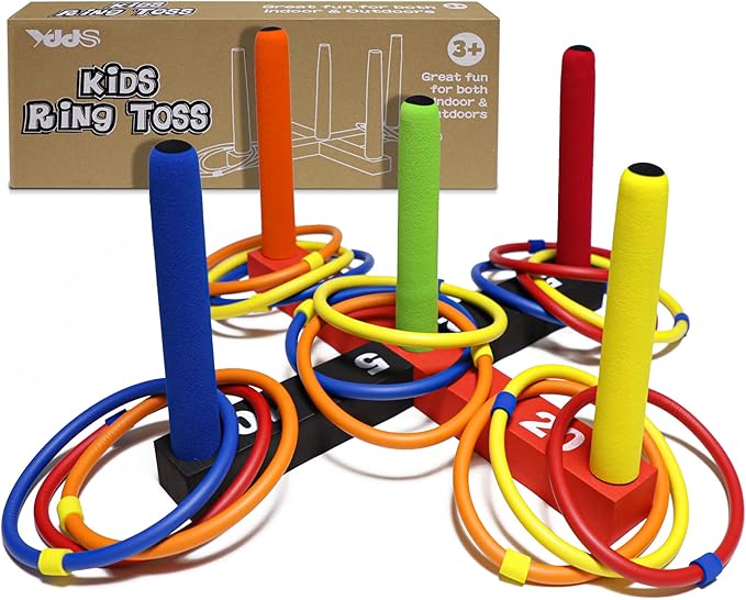 Ring Toss Game for Kids, Indoor & Outdoor Game for Family and Adults with 5 Poles, 2 Bases and 16 Rings in 4 Colors, Soft Foam Toy for Kids Backyard Ring Toss Fun