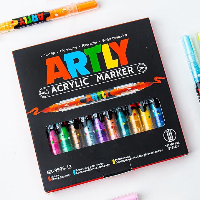 24 Colors Paint Markers, Dual-Color Acrylic Pens with Brush Tips, Double Tipped for Rocks & Art Supplies (12pcs/24colors)