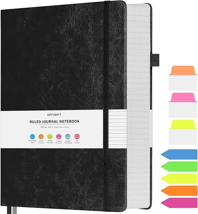 College Ruled Notebook, Large B5 Lined Journal Notebook, 314 Numbered Pages Work Notebook with Index Stickers, 100gsm Thick Paper, Hardcover Vegan Leather Journal for Women Men School Office, Black