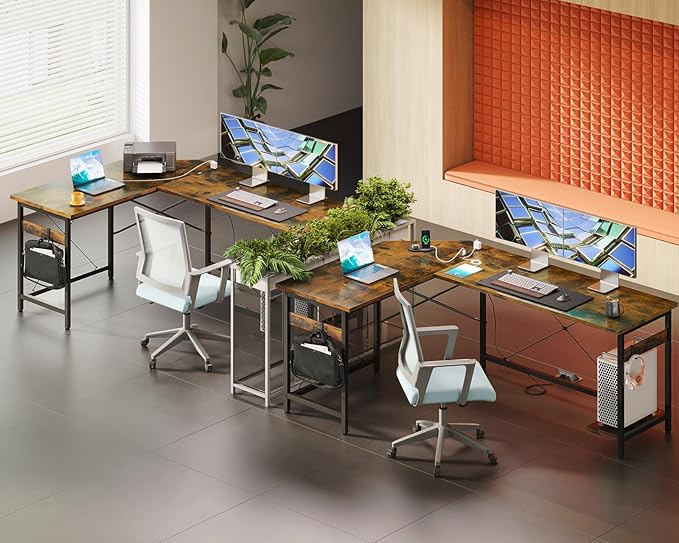 Coleshome 66" L Shaped Gaming Desk with Outlet, L Shaped Desk with CPU Stand, Corner Computer Desk, Home Office Desk, Writing Desk, Vintage