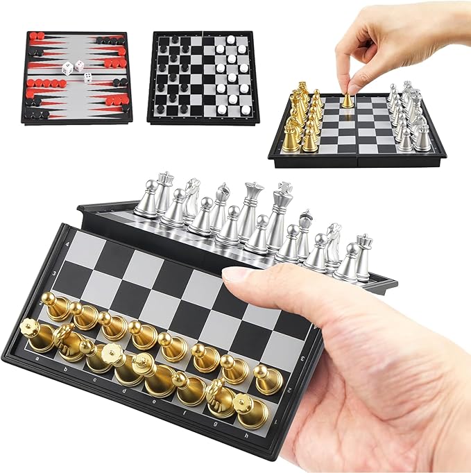 5'' Mini 3 in 1 Chess Checkers Backgammon Set Magnetic Folding Travel Chess Board with Instructions 2 Players for Kids and Adults
