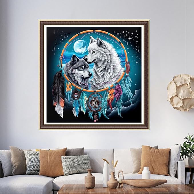 Foxhool Beginners Cross Stitch Kits Stamped Full Range of Embroidery Kits for Adults DIY Cross Stitches kit Embroidery Patterns for Needlepoint kit-Couple Wolf 17.7x17.7 inch