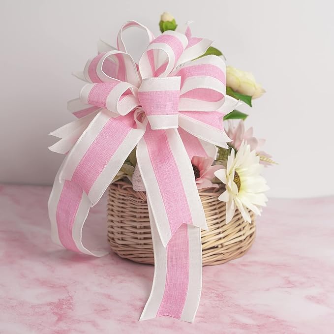 MEEDEE Pink White Stripe Wired Burlap Ribbon with Ivory Stripes Edge - 2.5 Inch, Light Pink (10 Yards) for Wreaths, Garland, Lantern, Mailbox Topper Bow