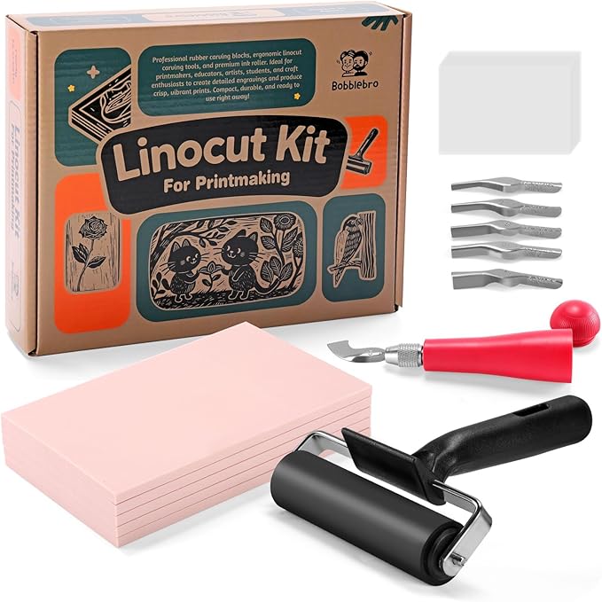 Linocut Kit for Printmaking with 5PCS 4"x6" Soft Rubber Linoleum Blocks, Brayer & Carving Tools – Block Printing & Stamp Making Supplies for Beginners & Artists