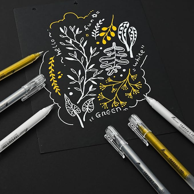 Gold Silver White Gel Pens, 1mm Fine Point Gel Ink Pen Opaque Archival Ink Pens for Black Paper Drawing, Sketching, Illustration, Card Making, Bullet Journaling, 6 Pack
