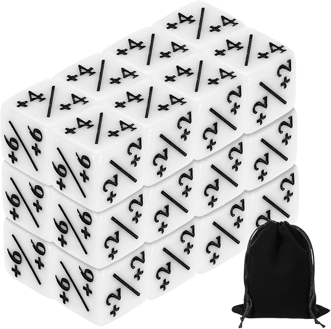 uxcell 24Pcs Magic Dice Counters, Acrylic D6 Life Token Dice Set with Pouch for Standard Cards Gaming Accessories, White