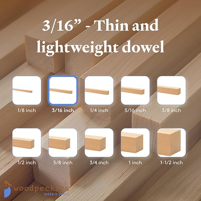DIY Wooden Square Dowel Rod 3/16-inch x 12 Pack of 50 Hobby Wood Sticks for Crafts, Wood Trim & Architecture Model Making, by Woodpeckers