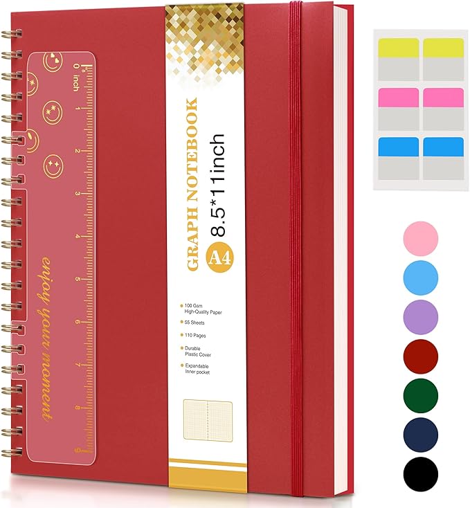 Graph Paper Notebook, Spiral Notebook Journal 8.5” x 11”, A4 Large Grid Notebooks for Women Men, 100 GSM Graph Paper, Plastic Hardcover Spiral Graphing Journals for Work School Engineerin, Red