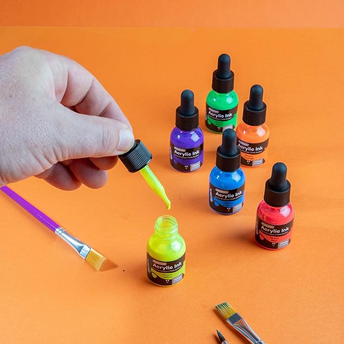 Mont Marte Acrylic Ink Premium 6pc x 20ml (0.7 US fl.oz), Acrylic Inks for Artists, Fluoro Colors, Ideal for Air Brush, Pouring Art, Scrapbooking, Ink Drawing, Mixed Media