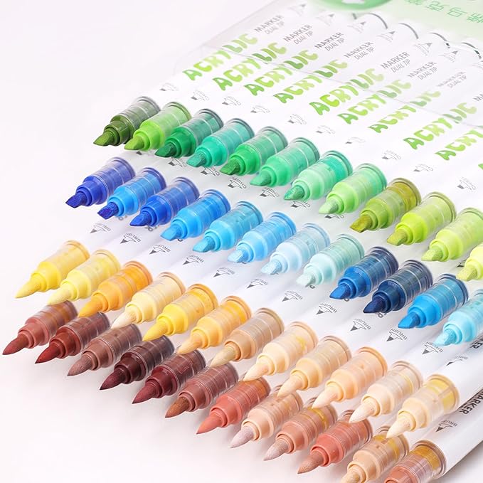 kander 12 Colors Dual Tip Acrylic Paint Markers, Green Color — Extra Fine & Soft Brush Pen Set with Direct Ink Flow for Sketching, Detailing, Coloring on Wood, Canvas, Rock, Glass, DIY Crafts