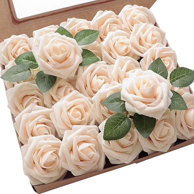 Floroom Artificial Flowers 50pcs Real Looking Cream Foam Fake Roses with Stems for DIY Wedding Bouquets Bridal Shower Centerpieces Floral Arrangements Party Tables Home Decorations