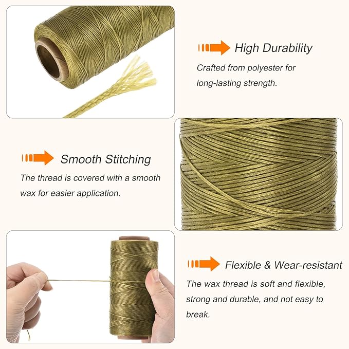 MECCANIXITY Waxed Thread,197 Yard 1mm 210D Flat Wax Thread Polyester Waxed String for Leather Sewing Hand Weaving Book Binding Home Decoration,Deep Khaki