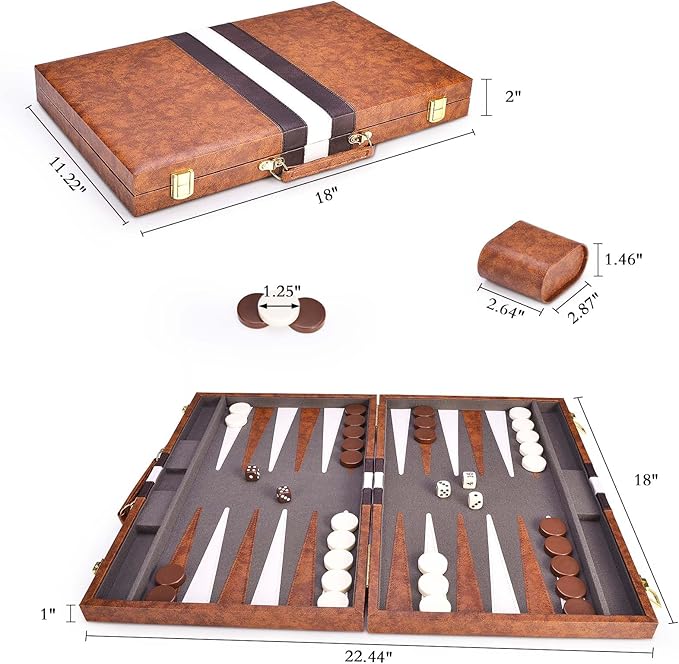 AMEROUS Backgammon Set, 18 Inches Classic Board Game withLeather Case, Folding Board, Gift Package, Portable Travel Strategy Backgammon Game Set for Adults, Kids (Large, Brown)