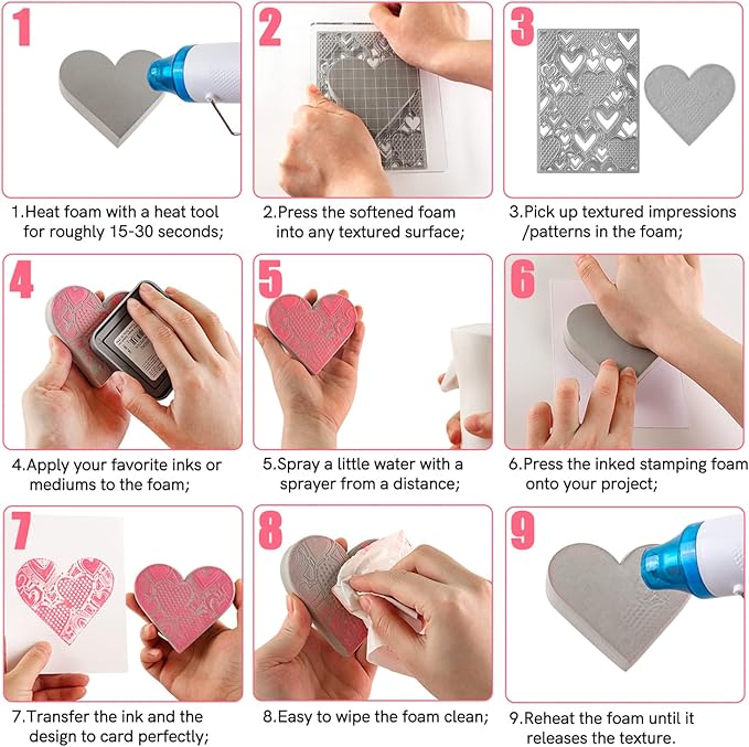 BAOFALI 9 Pcs Heart Cut Stamping Foam Grey Moldable Foam Stamps Plastic Dry Foam Stamp Pad Cut and Dry Foam Stamping Foam Block for Sculpture, Modeling, DIY Arts and Handicrafts Projects