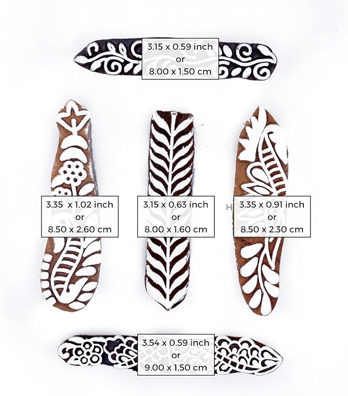 HASHCART® Pottery Printing Blocks Stylish Border Pattern Wooden Stamps (Set of 5) Handcarved Indian Textile Printing Blocks, Wooden Clay Stamps for Crafting on Fabric, Card