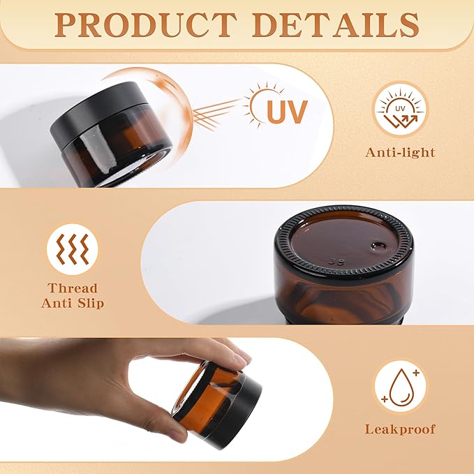 Glass Jars with Lids,Eco-Friendly Cosmetic Containers with Airtight Black Lids & Liners, Multi-Color Options for Cream, Lotion, Body Butter, DIY Skincare Travel Jars (Amber, 1oz)