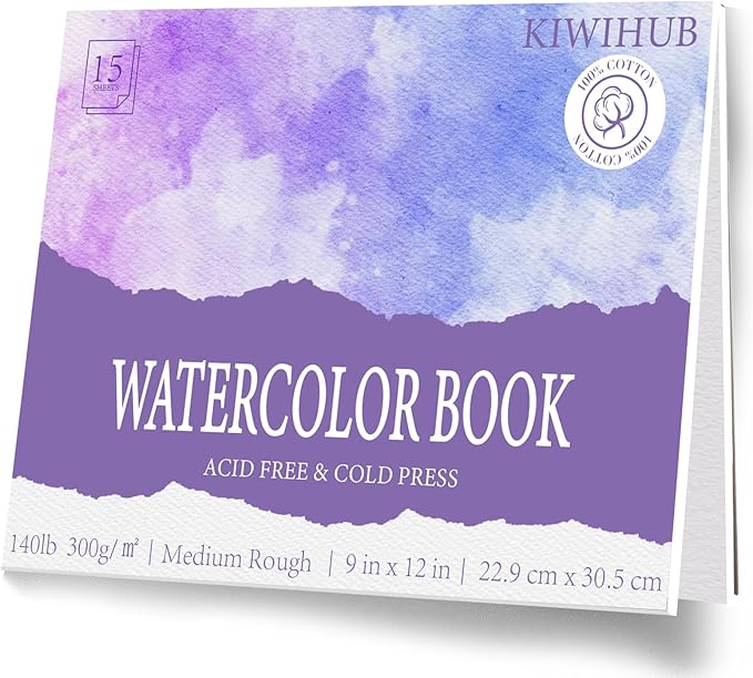 KIWIHUB Watercolor Paper Pad, 9 x 12 in, 100% Cotton, 140lb Medium Rough Artist Painting Drawing Paper Book, Art Supplies for Adults Kids, Watercolors