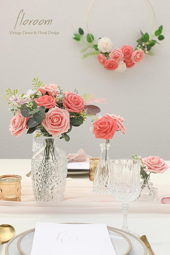 Floroom Artificial Flowers 25pcs Real Looking Mixed Living Coral Foam Fake Roses with Stems for DIY Wedding Bouquets Bridal Shower Centerpieces Floral Arrangements Party Tables Home Decorations