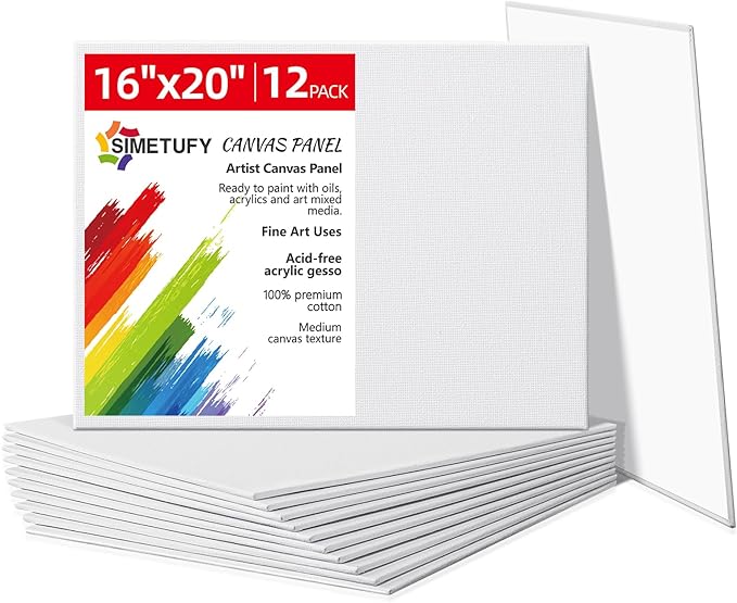 Simetufy 12 Pack 16x20 Inch Flat Canvas Panels Large Painting Canvas Boards - 8 Oz Triple Primed 100% Cotton Acid Free White Blank for Acrylic, Oil Paints